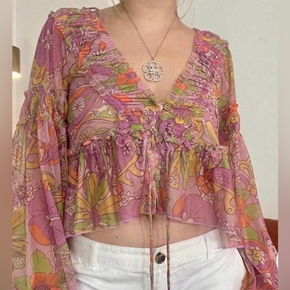 Free People Floral Ruffle V-Neck Blouse - Pink